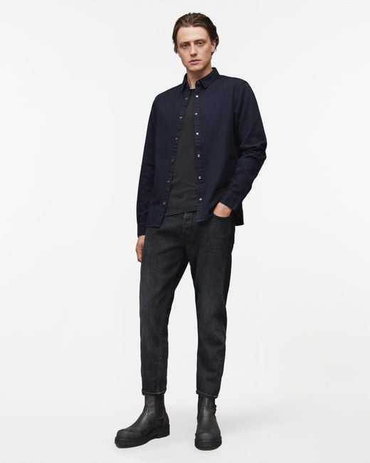 AllSaints Blue Gleason Press Stud Ramskull Denim Shirt for men