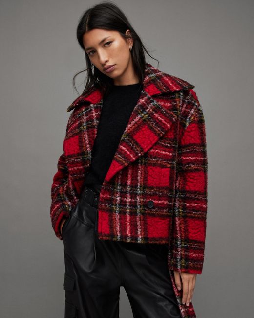 AllSaints Red Boston Checked Cropped Oversized Jacket