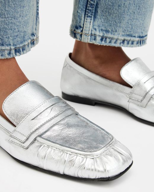 AllSaints White Sapphire Metallic Leather Loafer Shoes