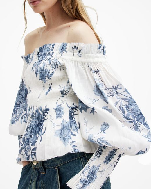 AllSaints Blue Lara Linen Silk Blend Floral Print Top