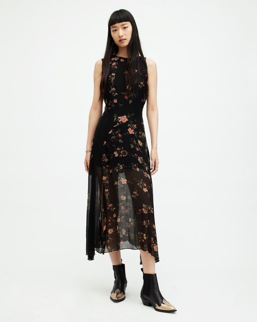 AllSaints Black Jules Floral Tanana Print Maxi Dress