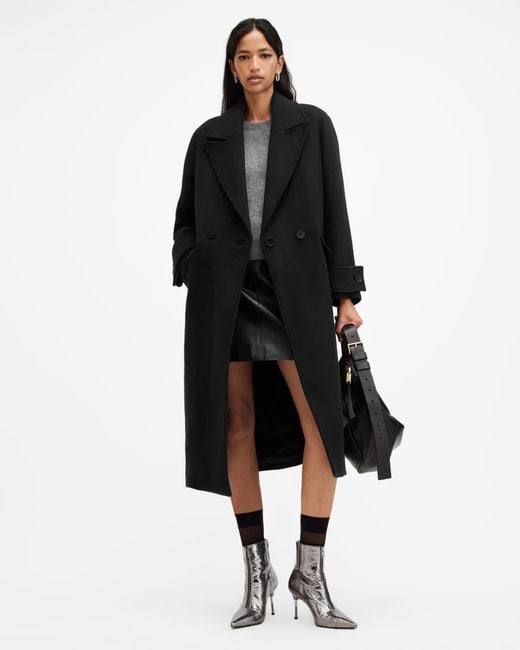 AllSaints Black Mabel Double Breasted Oversized Coat