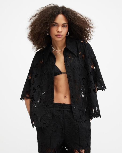 AllSaints Black Charli Relaxed Fit Embroidered Shirt,
