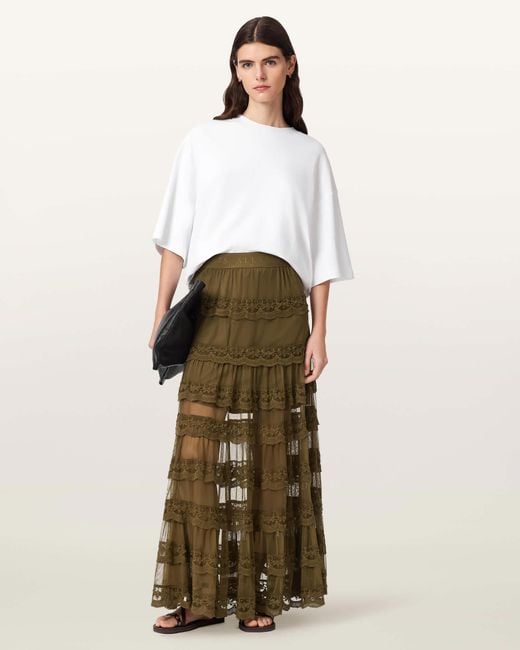 AllSaints White Maggie Tiered Lace Maxi Skirt