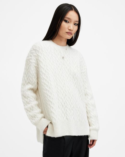 AllSaints White Sirius Cable Knit Crew Neck Jumper,, Chalk