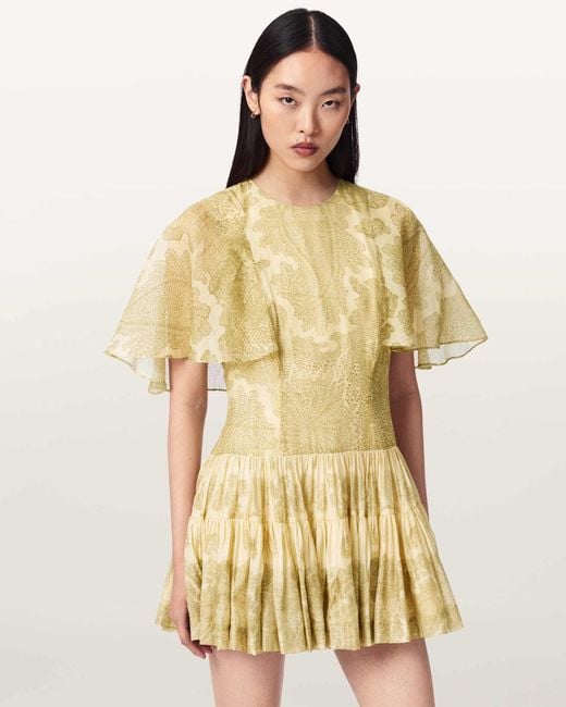 AllSaints Yellow Yanna Slim Fit Tiered Mini Dress
