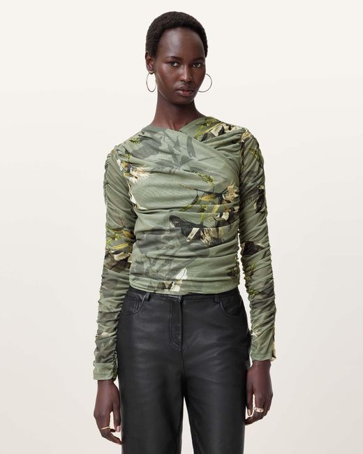 AllSaints Green Hanako Print Mesh Wrap Top