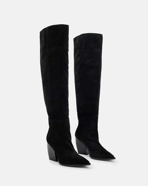 AllSaints Black Reina Knee High Pointed Suede Boots