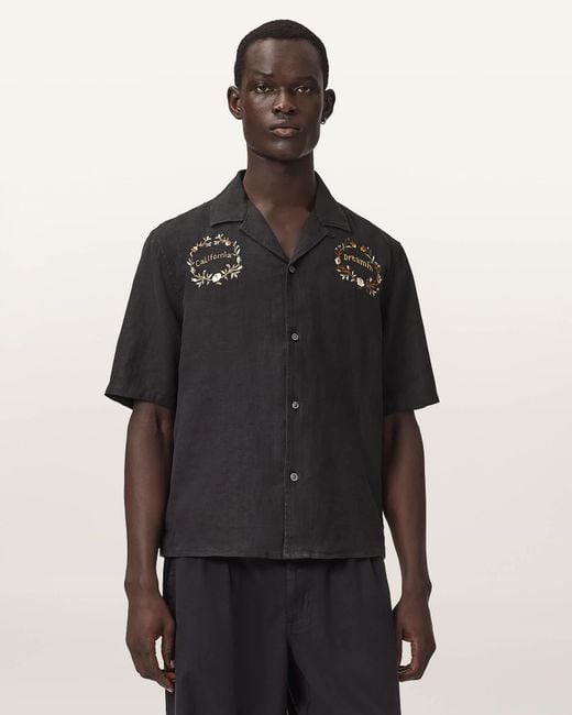 AllSaints Black Klavicle Short Sleeve Linen Embroidered Shirt for men