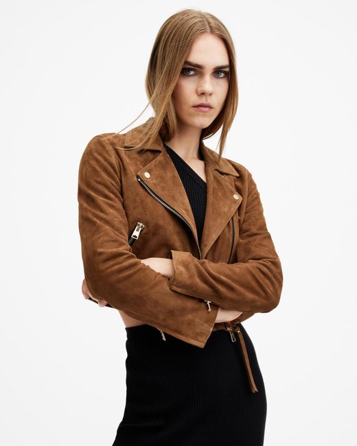 AllSaints Black Dalby Slim Fit Cropped Suede Biker Jacket