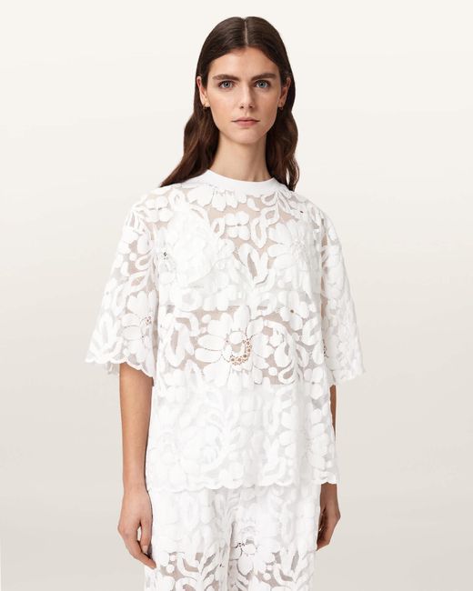 AllSaints White Amelie Oversized Short Sleeve Lace T-Shirt