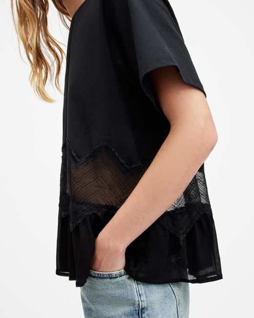 AllSaints Black Gracie Lace Panelled Oversized T-shirt,