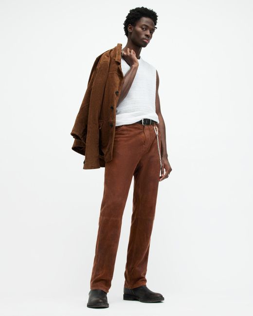 AllSaints Brown Lynch Straight Fit Leather Trousers for men