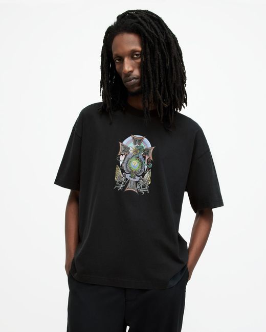 AllSaints Black Free Spirit Printed Crew Neck T-shirt, for men