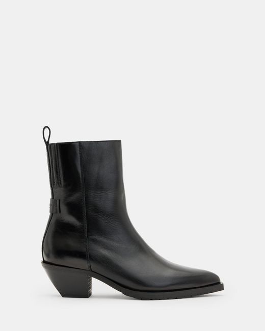 AllSaints Black Bazely Pointed Toe Leather Boots,, Shine