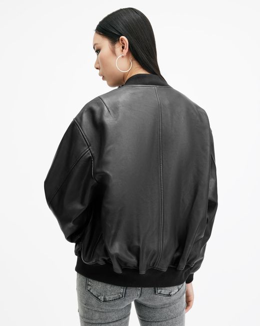 AllSaints Black Belle Oversized Leather Bomber Jacket