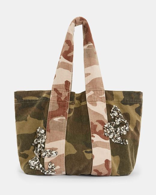AllSaints Natural Airi Camouflage Denim Jewel Tote Bag