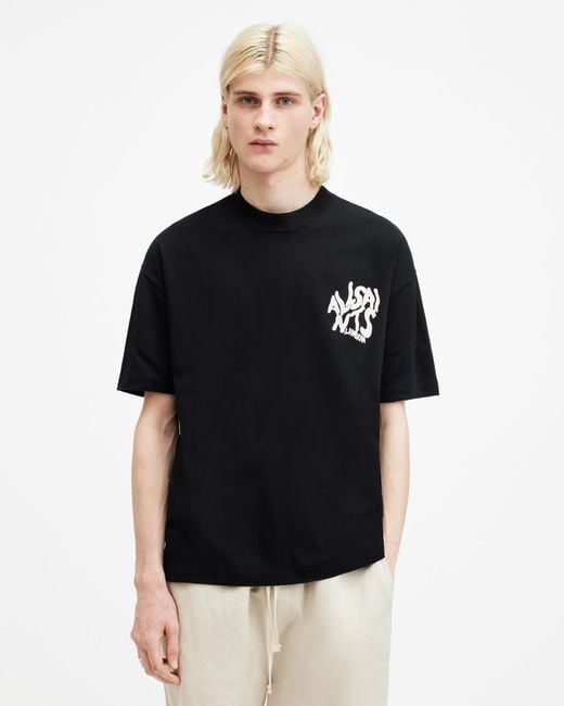 AllSaints Black Orlando Logo Print Oversized T-shirt, for men