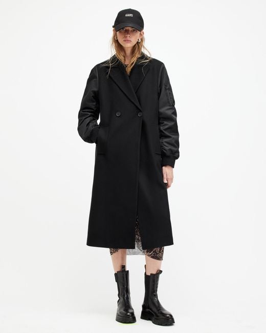 AllSaints Black Paulah Wool Cashmere Blend Long Coat