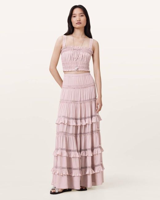 AllSaints Pink Talia Tiered Maxi Skirt