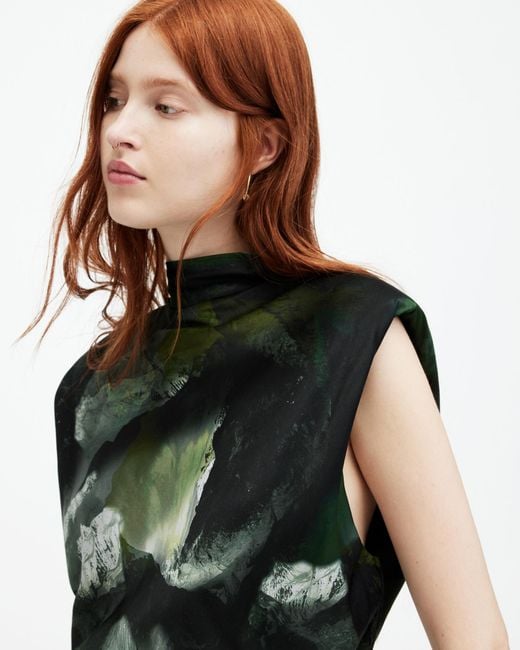 AllSaints Green Isa Silk Blend Camo Print Midi Dress