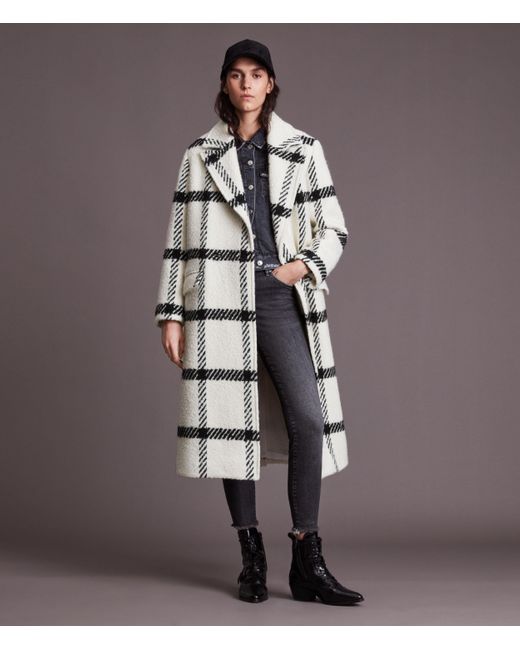 AllSaints Women's Wool Checked Mabel Check Coat White And Black Size: 14