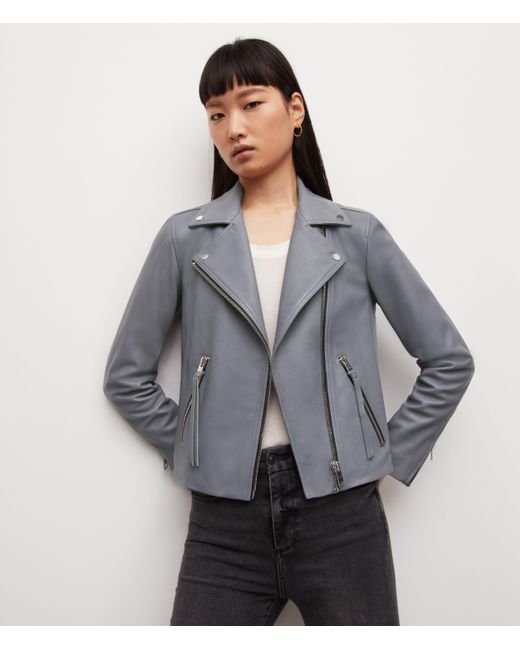 AllSaints Gray Women's Leather Slim Fit Dalby Biker Jacket