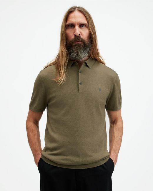 AllSaints Green Mode Merino Short Sleeve Polo Shirt for men