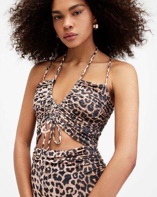 AllSaints Multicolor Amaya Leopard Print Cut Out Midi Dress,