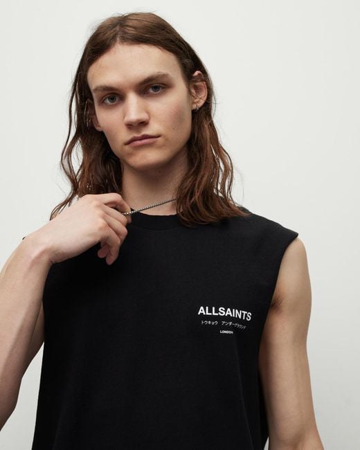 AllSaints Black Underground Logo Sleeveless Tank Top, for men