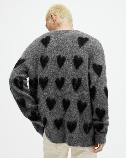 AllSaints Black Amore Heart Motif Relaxed Fit Cardigan for men