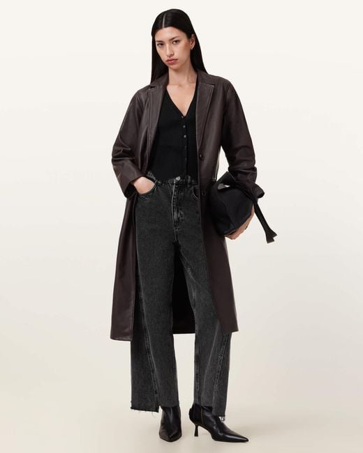 AllSaints Black Aire Long Line Leather Coat