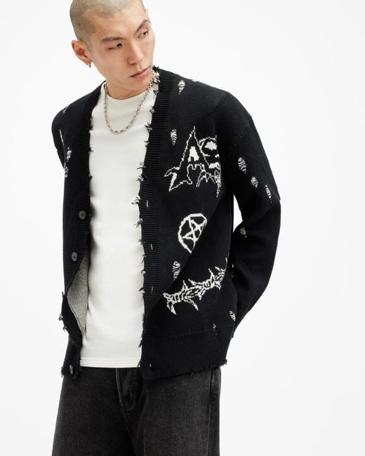 AllSaints Black Gothic Jacquard Relaxed Cardigan with Skull Graphics for men