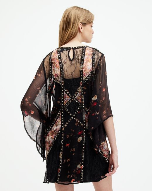 AllSaints Black Lucia Lace Embellished Mini Dress,