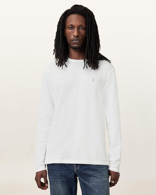 AllSaints White Ellis Waffle Texture Long Sleeve Crew for men