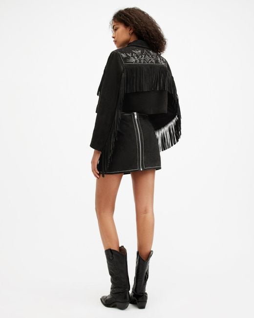AllSaints Black Shai Embellished Suede Mini Skirt,