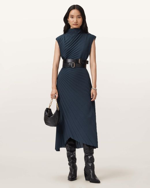 AllSaints Blue Polyester Rayanna Pleated Midi Dress, /Us 2