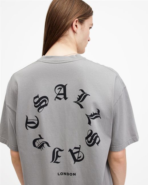 AllSaints Gray Fraktur Logo Print Oversized T-Shirt,, Trinity for men