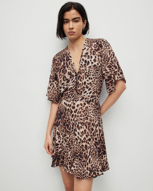 AllSaints Brown Leopard Print Dina Evita Mini Dress