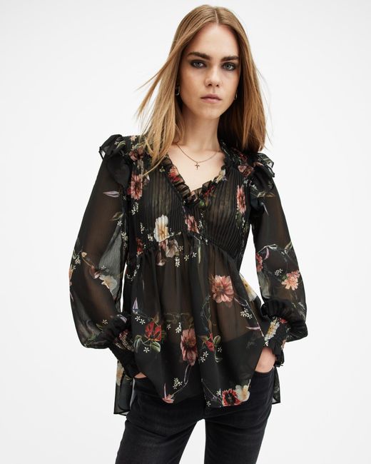 AllSaints Black Iryna Frill Printed Sheer Top,, Unity