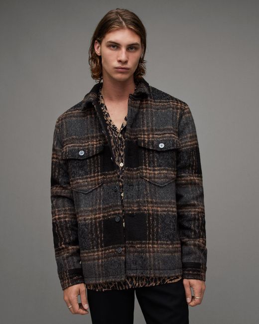 AllSaints Gray Fornax Checked Borg Lined Shirt Jacket for men