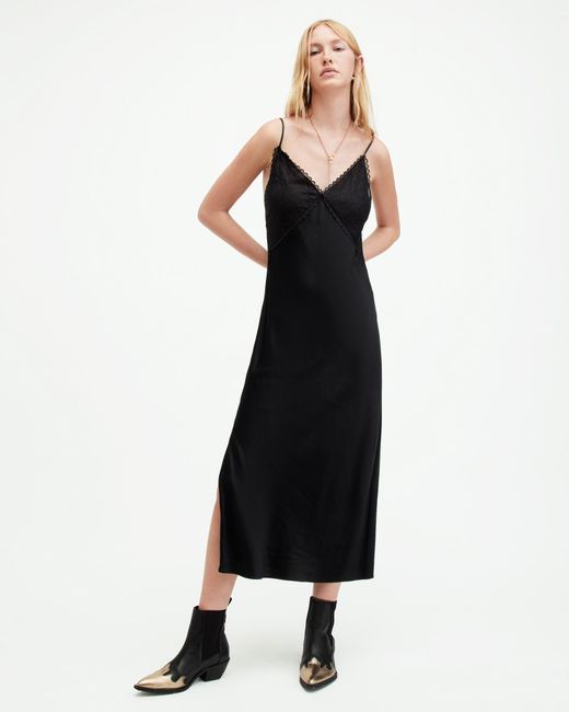 AllSaints Black Immy Lace Trim V-neck Midi Slip Dress,