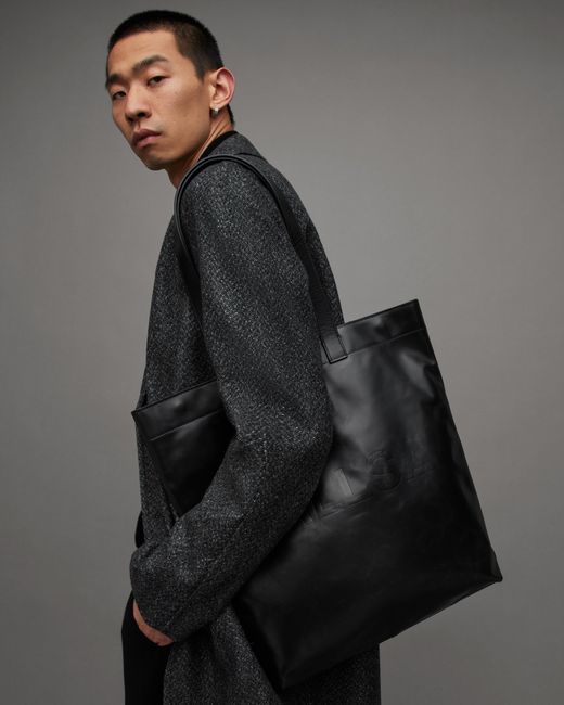 AllSaints Black Yuto Embossed Logo Leather Tote Bag for men