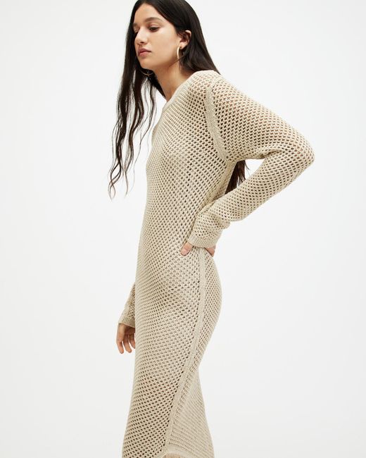 AllSaints Natural Jesse Metallic Crochet Midi Dress