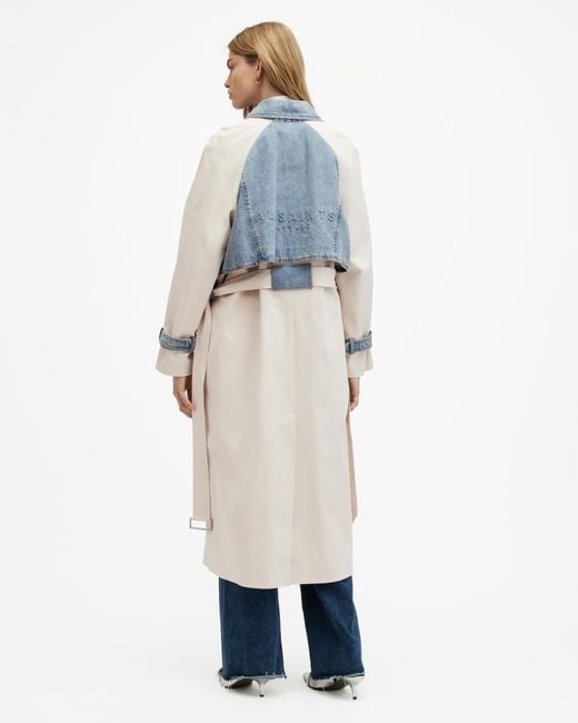 AllSaints Blue Dayly Denim Panelled Relaxed Trench Coat