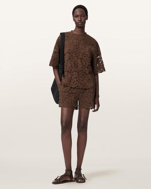 AllSaints Brown Amelie Oversized Short Sleeve Lace T-Shirt