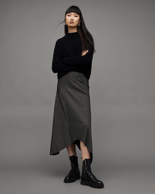 AllSaints Black Gia Ribbed Sparkle Midi Skirt,