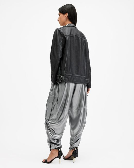 AllSaints Black Kaye Straight Fit Drawcord Trousers,, Metallic