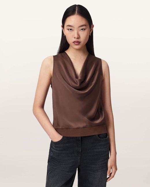 AllSaints Red Zoey Sleeveless Cowl Neck Tank Top