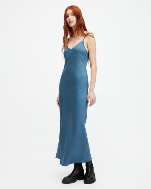 AllSaints Blue Bryony V-neck Midi Slip Dress,